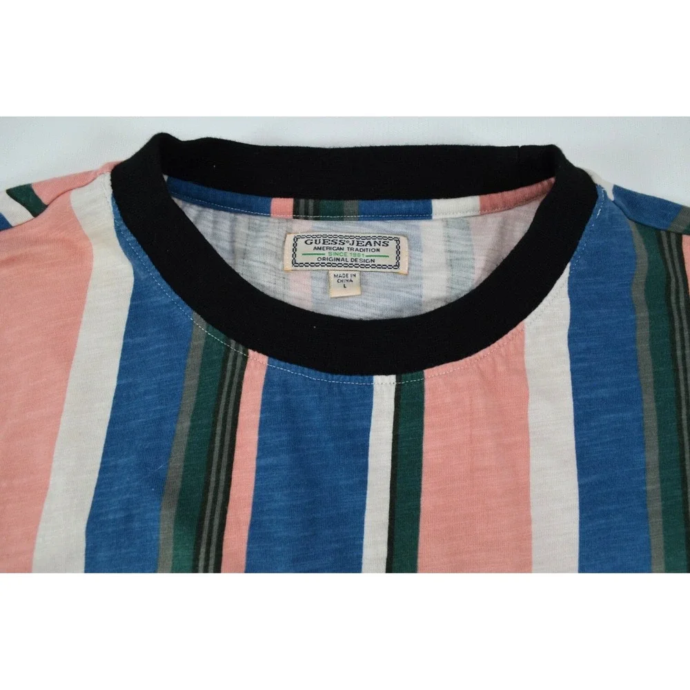 Guess LA Striped‎ T-Shirt Short Sleeve Embroidered Logo &  American Flag Men's L - Picture 6 of 13